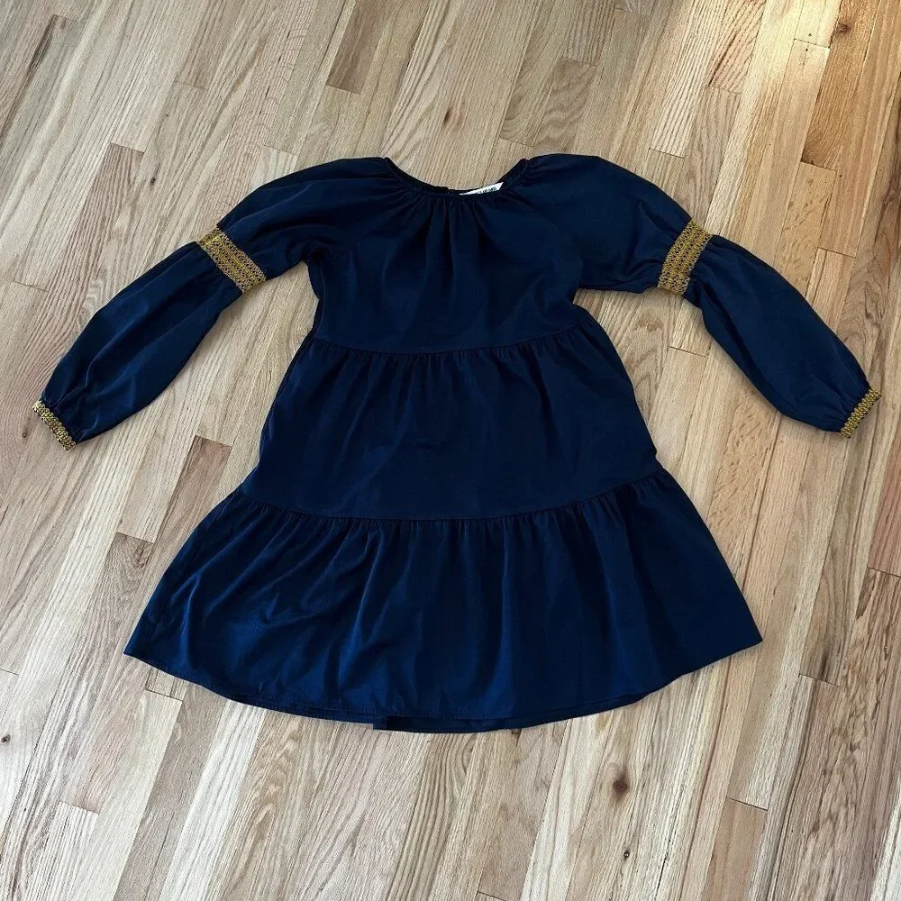 Elizabeth and James A-Line Blue peasant Dress puff sleeve Tiered Boho gold small